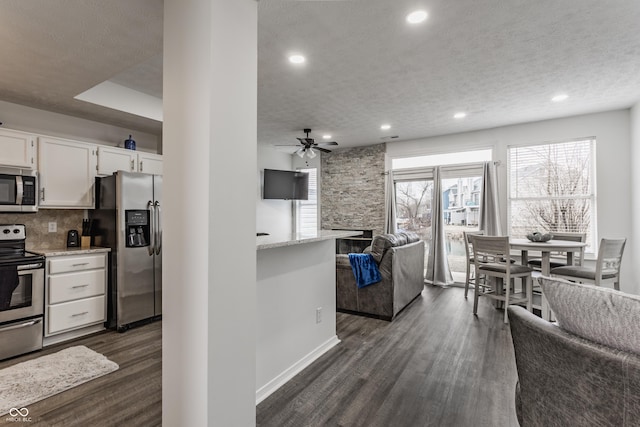 kitchen featuring a textured ceiling, stainless steel appliances, dark wood finished floors, and open floor plan