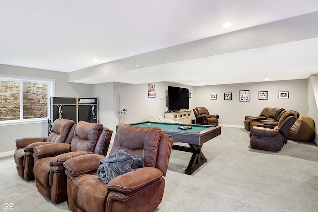 rec room featuring billiards, baseboards, and light colored carpet