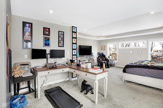 carpeted bedroom featuring recessed lighting and baseboards