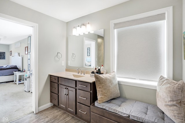 bathroom with baseboards, wood finished floors, connected bathroom, and vanity