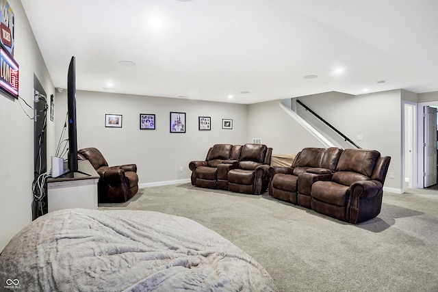 home theater room with baseboards, carpet flooring, and recessed lighting