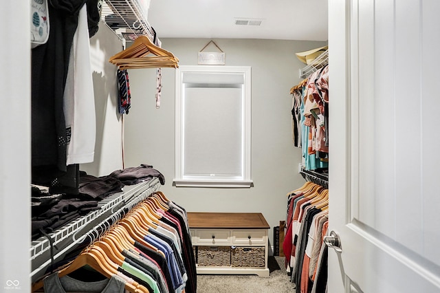 walk in closet featuring visible vents and carpet flooring