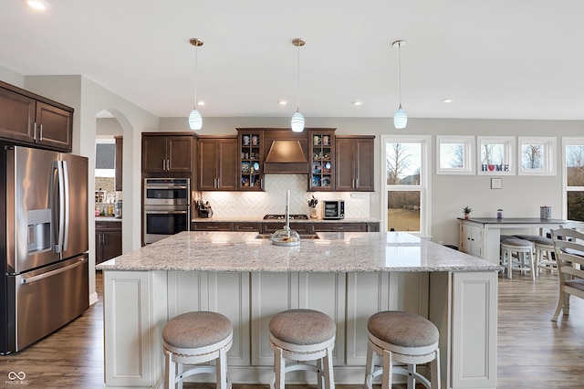 kitchen featuring dark wood finished floors, tasteful backsplash, appliances with stainless steel finishes, dark brown cabinets, and premium range hood