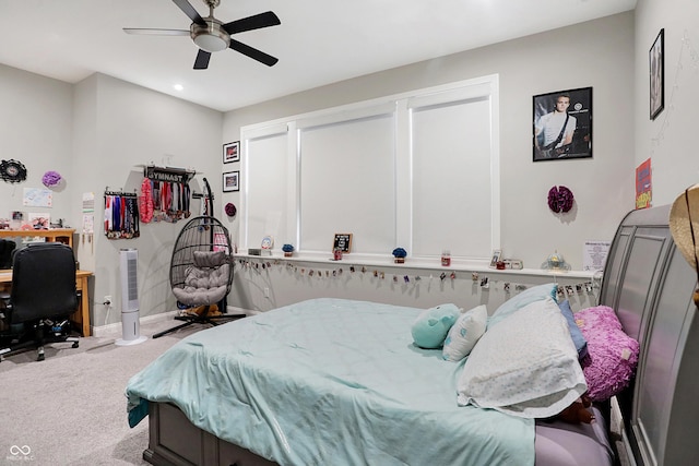 bedroom featuring a ceiling fan, recessed lighting, carpet flooring, and baseboards