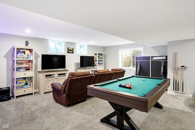 playroom featuring baseboards, pool table, and light colored carpet