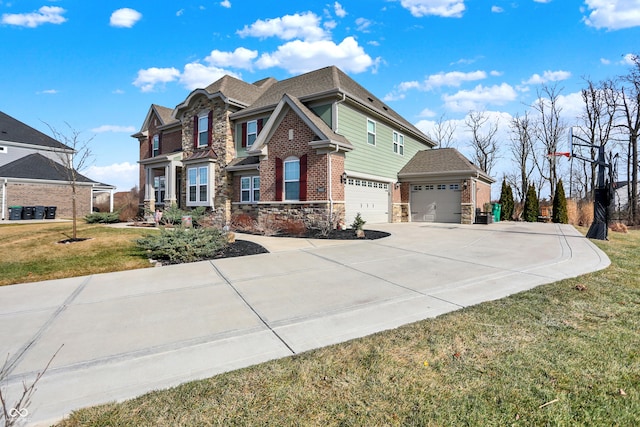 view of front facade with a garage, brick siding, driveway, stone siding, and a front lawn