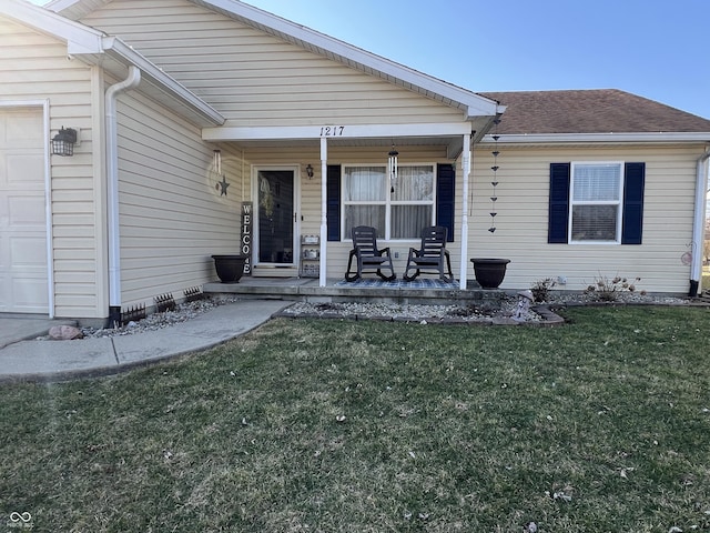 exterior space with covered porch, a front yard, and roof with shingles