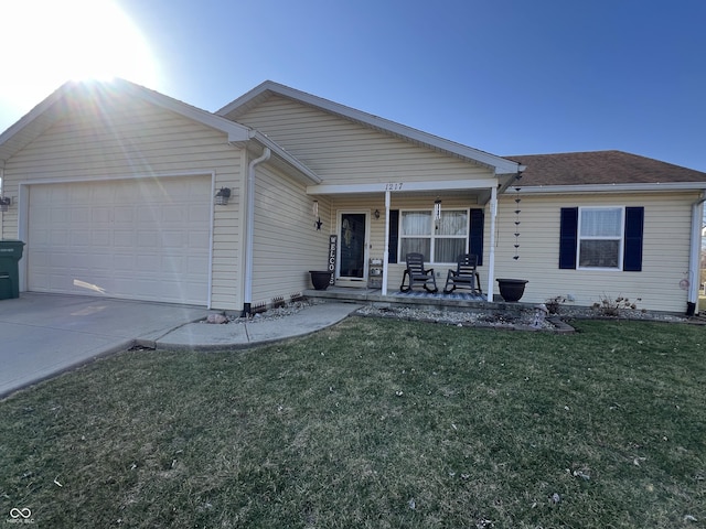 single story home with covered porch, an attached garage, concrete driveway, and a front lawn