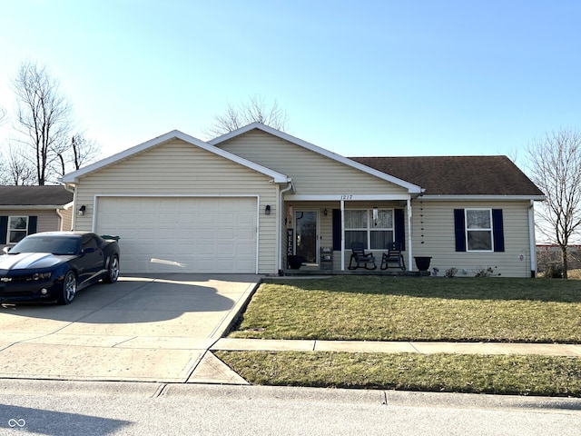 single story home featuring roof with shingles, a porch, an attached garage, a front lawn, and concrete driveway