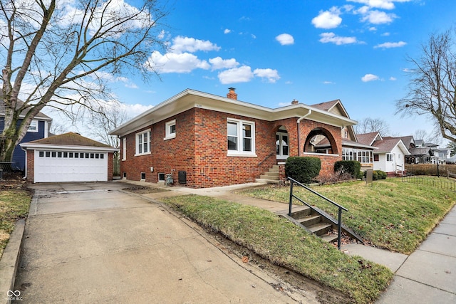 view of front of house featuring brick siding, an outdoor structure, a chimney, and a front lawn