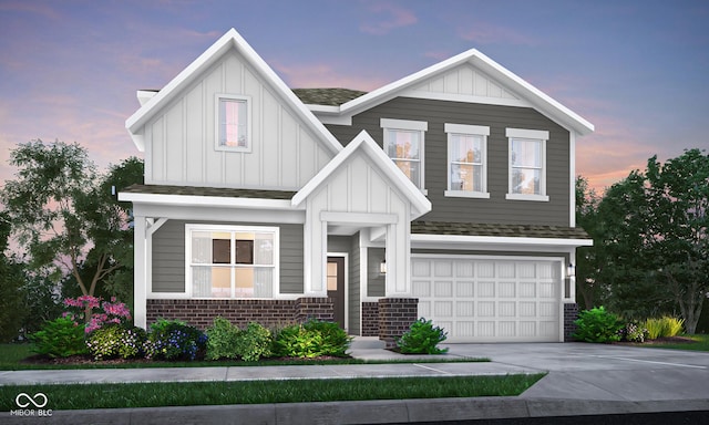 view of front of home with concrete driveway, brick siding, board and batten siding, and a shingled roof