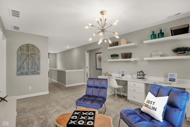 living area featuring light colored carpet, visible vents, a notable chandelier, and built in desk