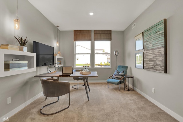 carpeted office with recessed lighting, visible vents, and baseboards