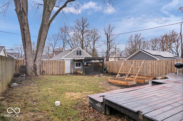 view of yard with cooling unit, a garden, a pergola, and a fenced backyard