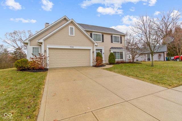 view of front facade featuring concrete driveway, a chimney, an attached garage, and a front yard