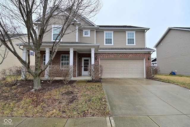 view of front of property with an attached garage, covered porch, concrete driveway, and brick siding