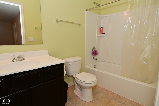 full bathroom with toilet, tile patterned floors, shower / bath combo with shower curtain, and vanity