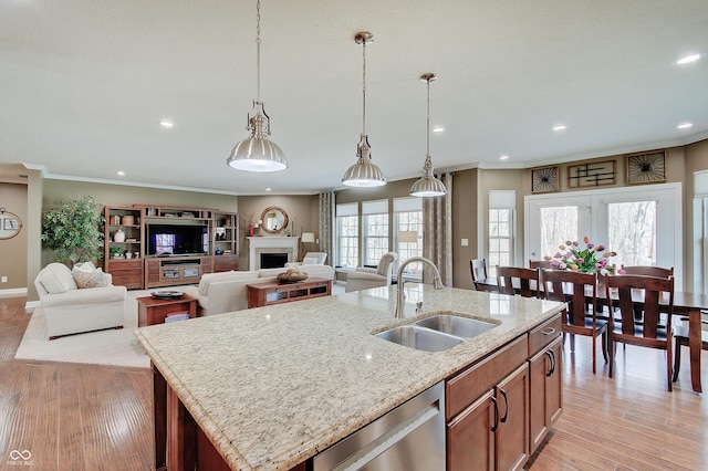 kitchen featuring a sink, dishwasher, light wood-style flooring, and a fireplace