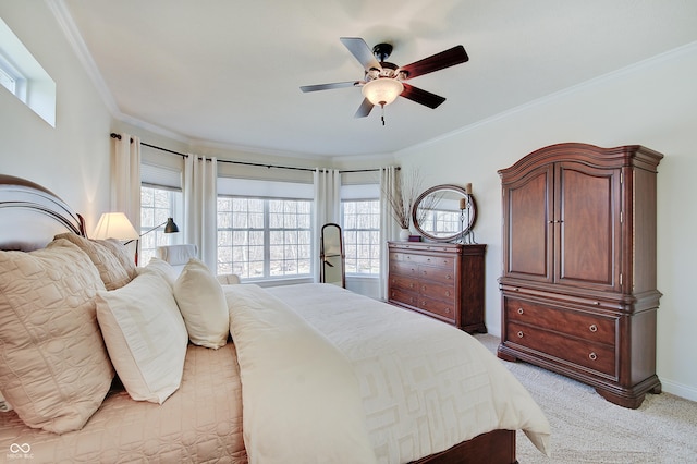 bedroom with crown molding, multiple windows, and light carpet