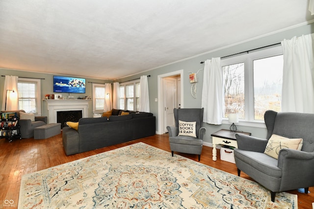 living room featuring plenty of natural light, crown molding, and wood finished floors