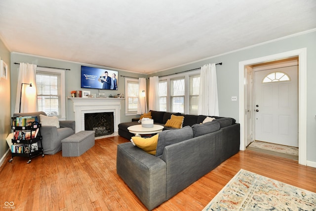 living area with light wood finished floors, a fireplace with flush hearth, baseboards, and crown molding