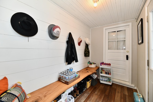 mudroom with dark wood-type flooring and wood ceiling