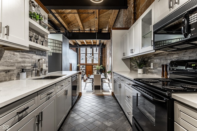 kitchen with wooden ceiling, open shelves, a sink, black appliances, and tasteful backsplash