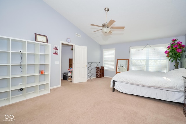 bedroom featuring carpet, visible vents, a ceiling fan, high vaulted ceiling, and baseboards