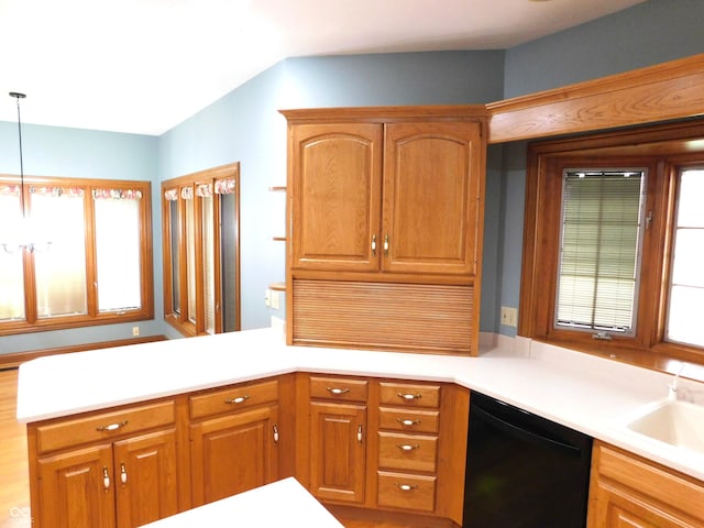 1229 E Tara Rd, Greensburg, IN 47240 - kitchen with dishwasher, a peninsula, light countertops, and hanging light fixtures