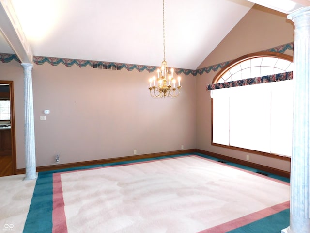 1229 E Tara Rd, Greensburg, IN 47240 - spare room with ornate columns, light colored carpet, vaulted ceiling, and a chandelier