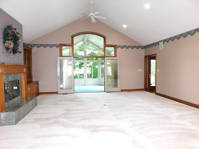1229 E Tara Rd, Greensburg, IN 47240 - unfurnished living room with a fireplace, ceiling fan, carpet, recessed lighting, and high vaulted ceiling