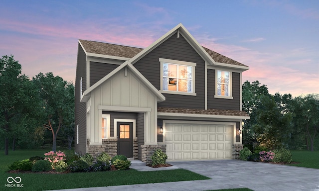 view of front of property featuring board and batten siding, a garage, concrete driveway, and brick siding