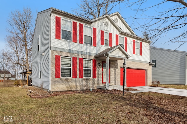 view of front of home with driveway, an attached garage, a front lawn, and brick siding