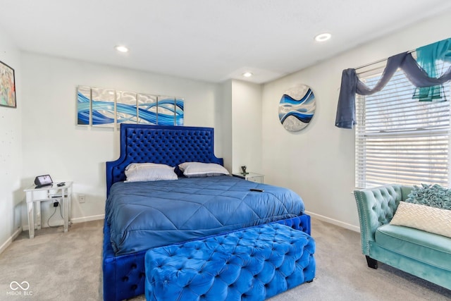 carpeted bedroom with recessed lighting and baseboards