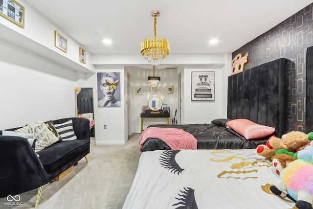 bedroom with baseboards, an accent wall, recessed lighting, and light colored carpet