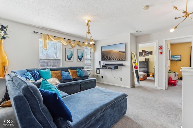 carpeted living area with radiator heating unit, a textured ceiling, and baseboards