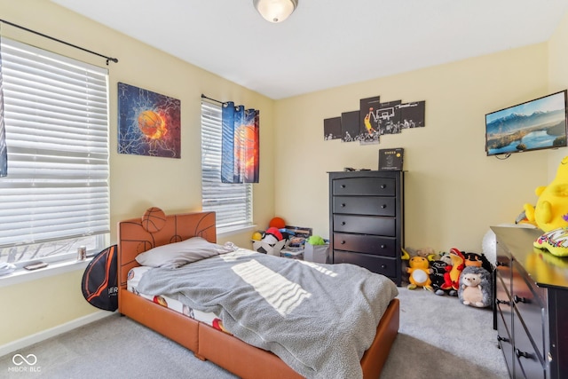 bedroom featuring carpet, multiple windows, and baseboards