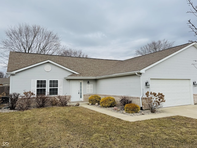 ranch-style house with a garage, driveway, a shingled roof, a front lawn, and brick siding