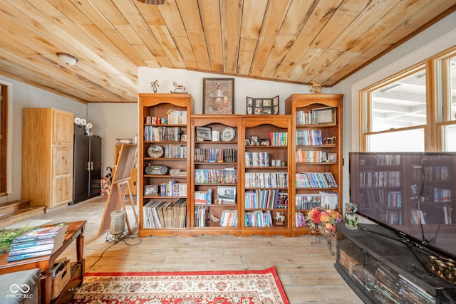 living area with light wood-type flooring and wooden ceiling