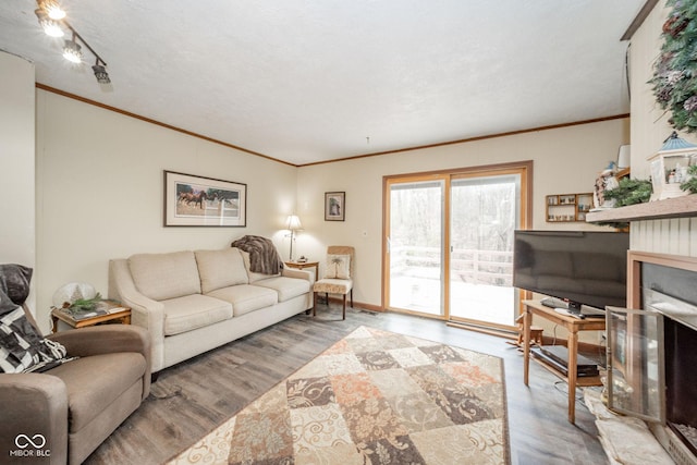 living room featuring ornamental molding, a fireplace, wood finished floors, and baseboards