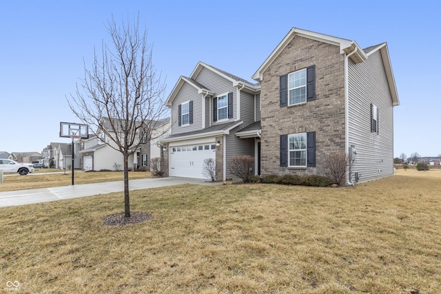 traditional-style house featuring a garage, a front lawn, concrete driveway, and brick siding