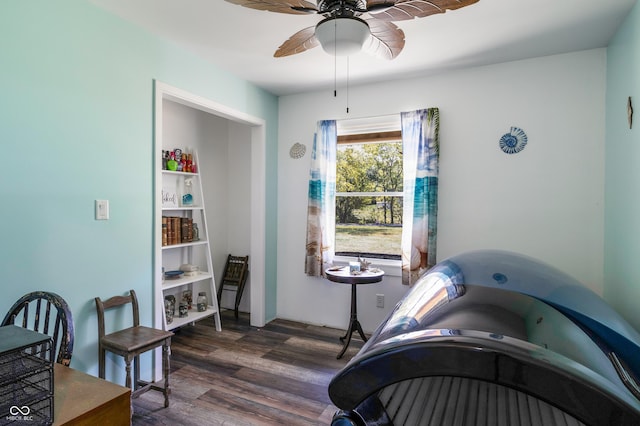 misc room with dark wood-style floors and a ceiling fan