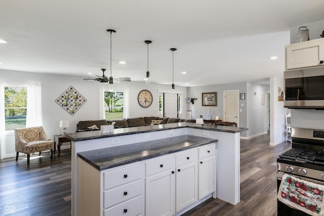 kitchen with appliances with stainless steel finishes, recessed lighting, open floor plan, and dark wood finished floors