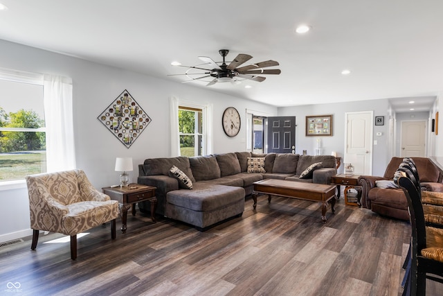 living area featuring ceiling fan, dark wood finished floors, visible vents, and recessed lighting