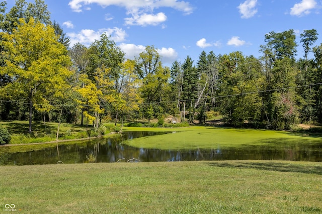 surrounding community featuring a lawn, a water view, and a view of trees