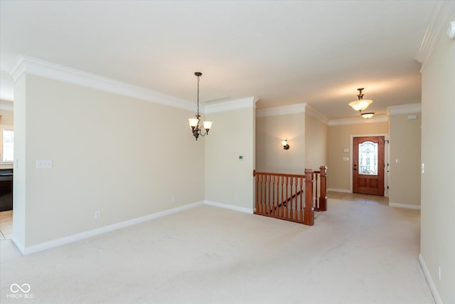 interior space featuring light carpet, crown molding, a notable chandelier, and baseboards