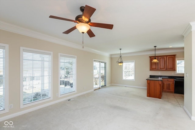 unfurnished living room with baseboards, light colored carpet, and crown molding