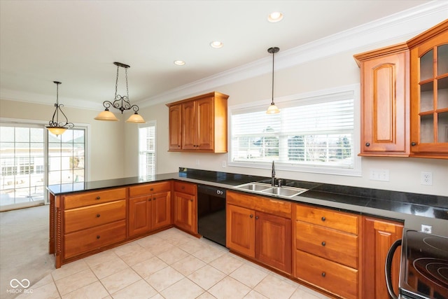 kitchen featuring a peninsula, a sink, black dishwasher, electric range oven, and dark countertops