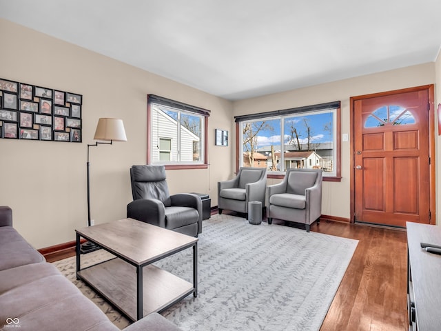 living room with baseboards and wood finished floors