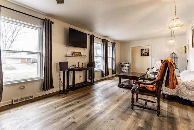 interior space with baseboards, visible vents, and wood finished floors